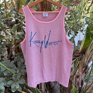 Vintage 90s Key West Striped Tank Top Pink Blue Single Stitch USA XL